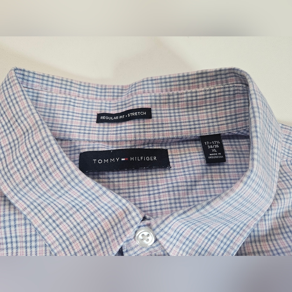 Tommy Hilfiger Dress Shirt Mens XL Pink Blue Regular Fit Stretch Office Career - Picture 6 of 7